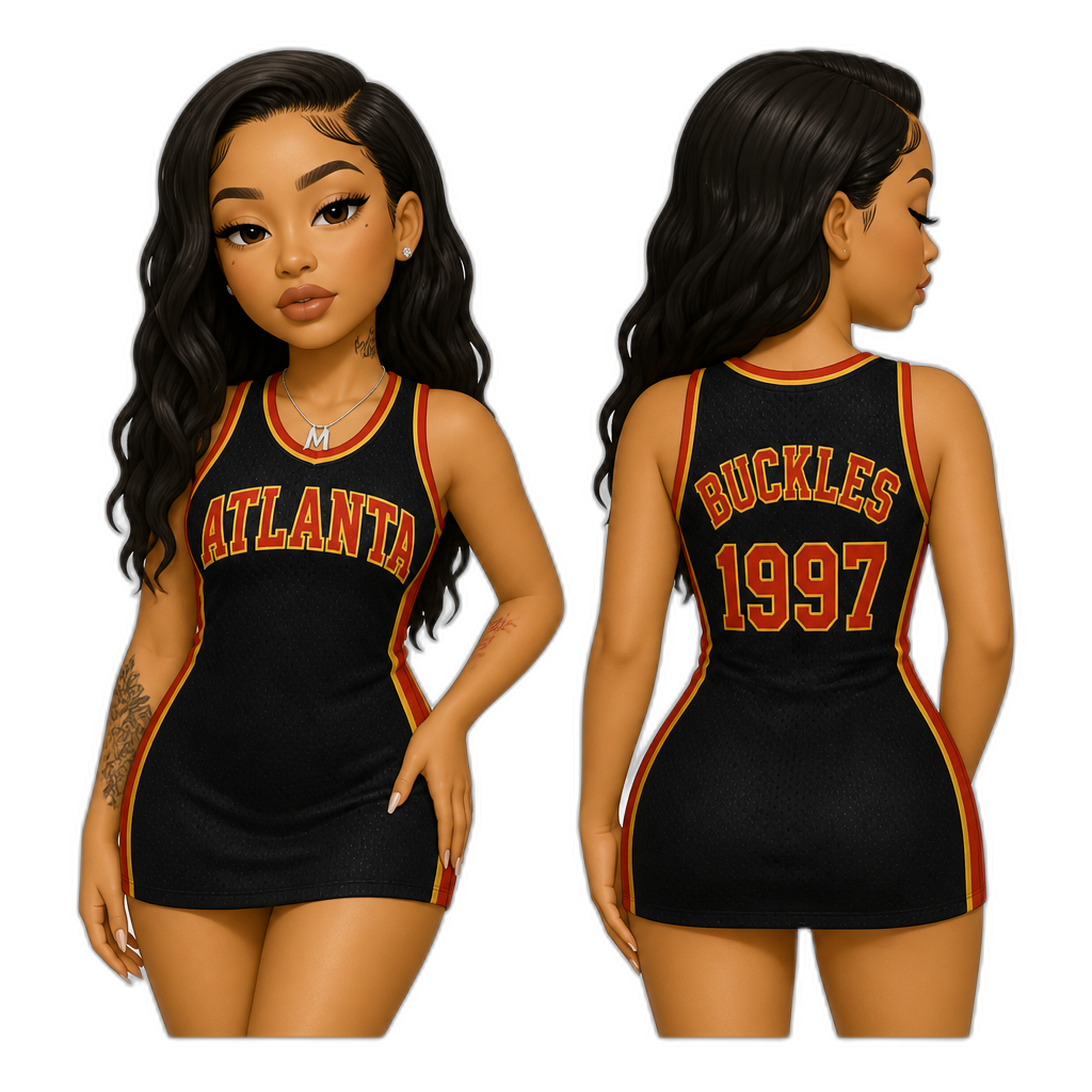 Mariah The Scientist in a sleeveless jersey minidress, with Atlanta on the front, and Buckles 1997 on the back - AI generated emoji