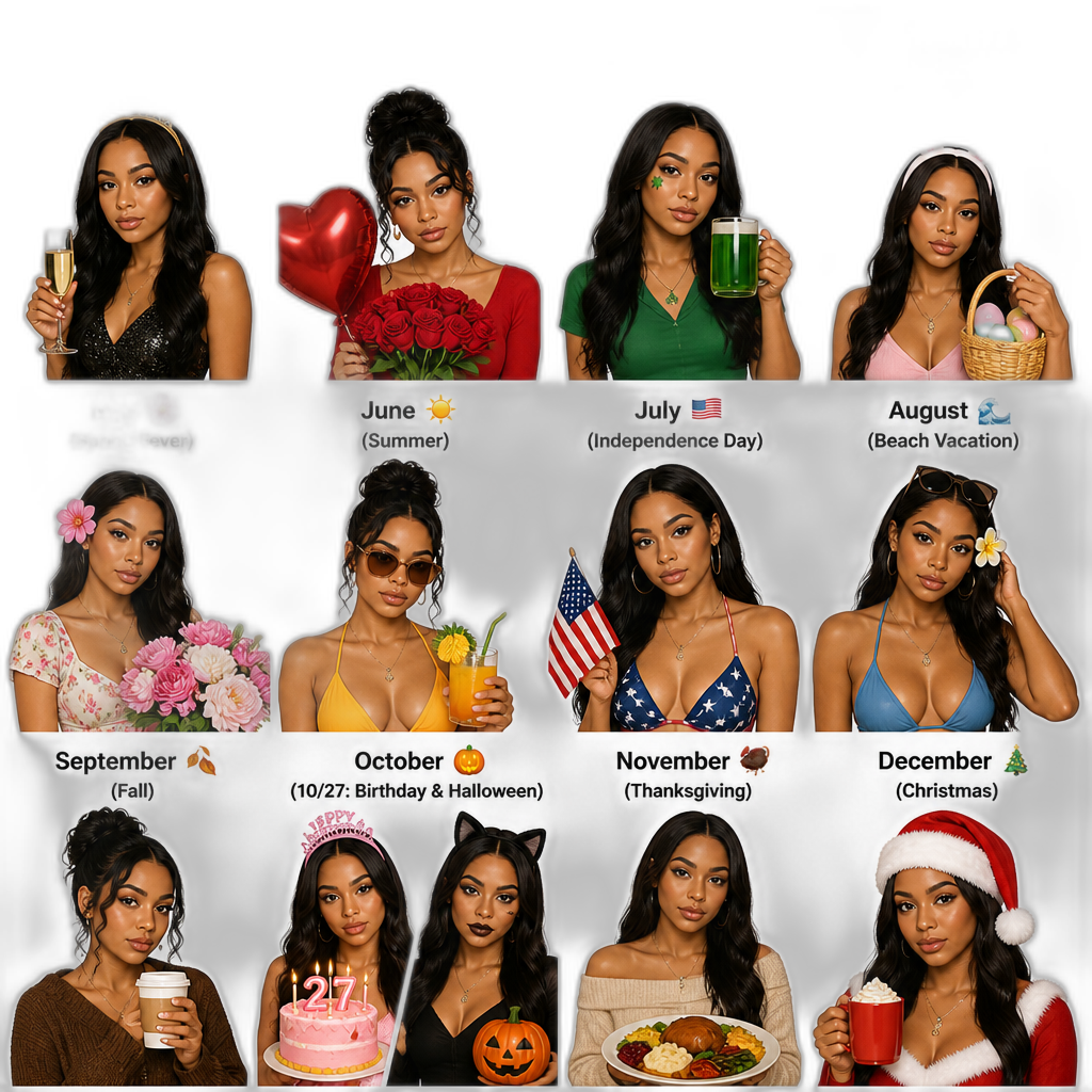 Mariah The Scientist in 12 months, photorealistic, January (New Year's Day), February (Valentine's Day), March (St. Patrick's Day), April (Easter), May (Spring Fever), June (Summer), July (Independence Day), August (beach vacation), September (Fall), October (10/27 being Mariah's birthday and Halloween), November (Thanksgiving), December (Christmas) - AI generated emoji