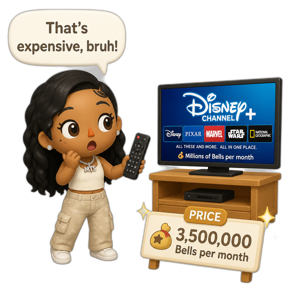 Mariah The Scientist as a Human Villager, Animal Crossing, finding an expensive item worth millions of Bells, saying "That's expensive, bruh!", Disney Channel+ channel package TV item (worth millions of Bells per month), holding remote control - AI generated emoji