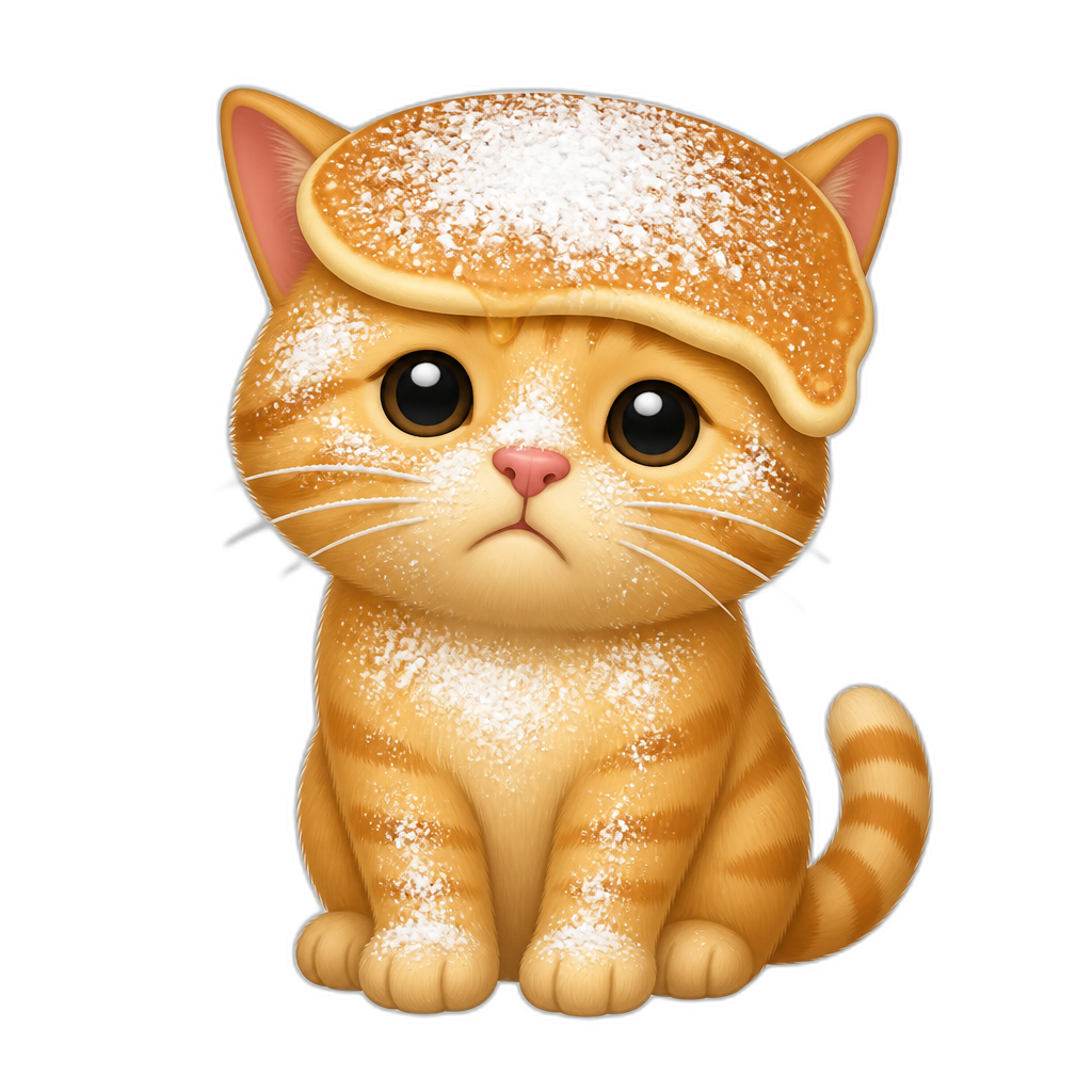 een kat met poedersuiker en een pannekoek op zijn hoofd - AI generated emoji