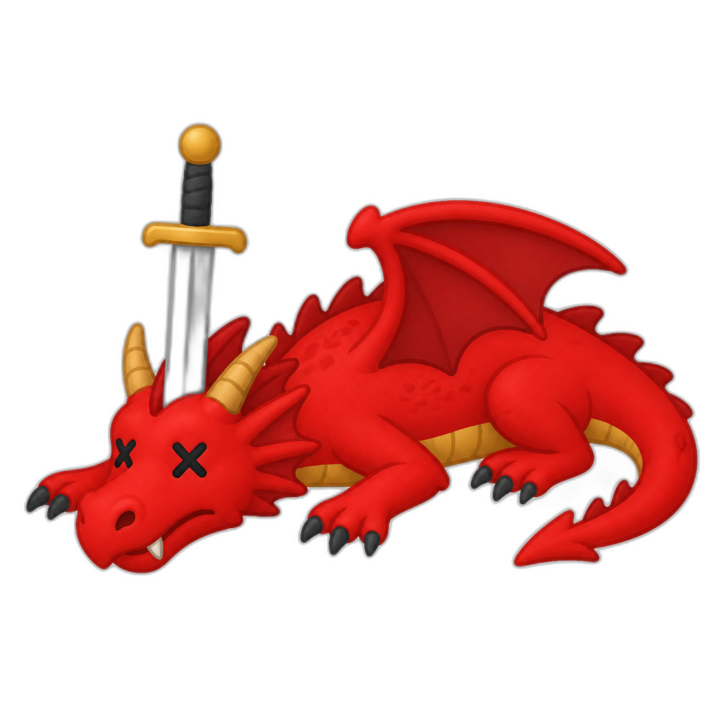 slain bright red western dragon with head pierced by sword; minimal, thick, flat style; square - AI generated emoji