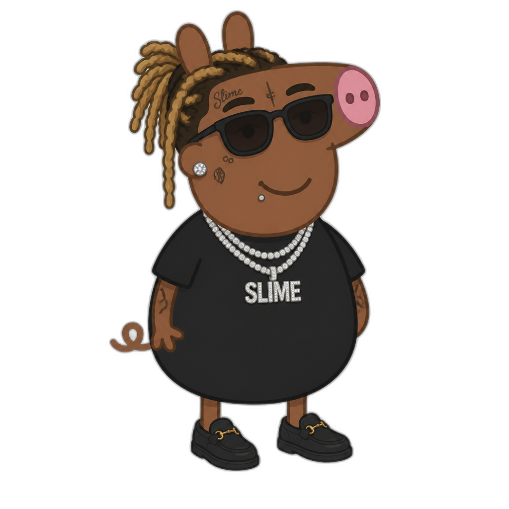 Young Thug in Peppa Pig cartoon style, anthro pig, grownup, brown skin - AI generated emoji