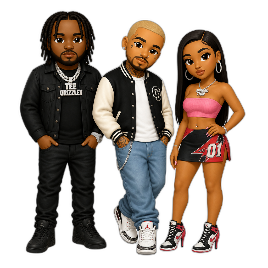 Tee Grizzley, Chris Brown and Mariah The Scientist, Mariah with long straight hair, pink strapless crop top, black and red skirt, stiletto sneakers, hoop earrings, Spread Thin necklace - AI generated emoji