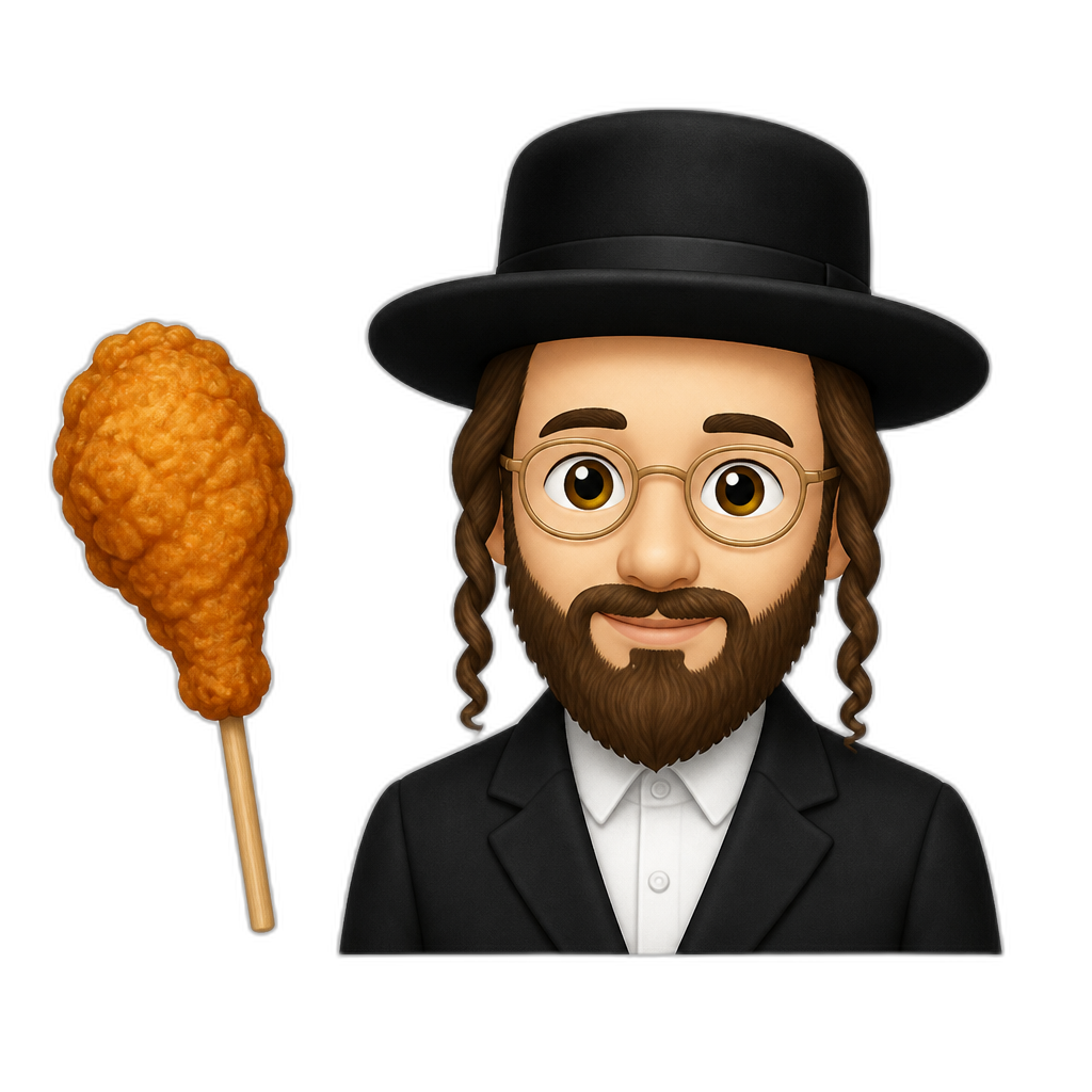 a ashkenazi jew with a piece of fried chicken on a stick to the left of him - AI generated emoji