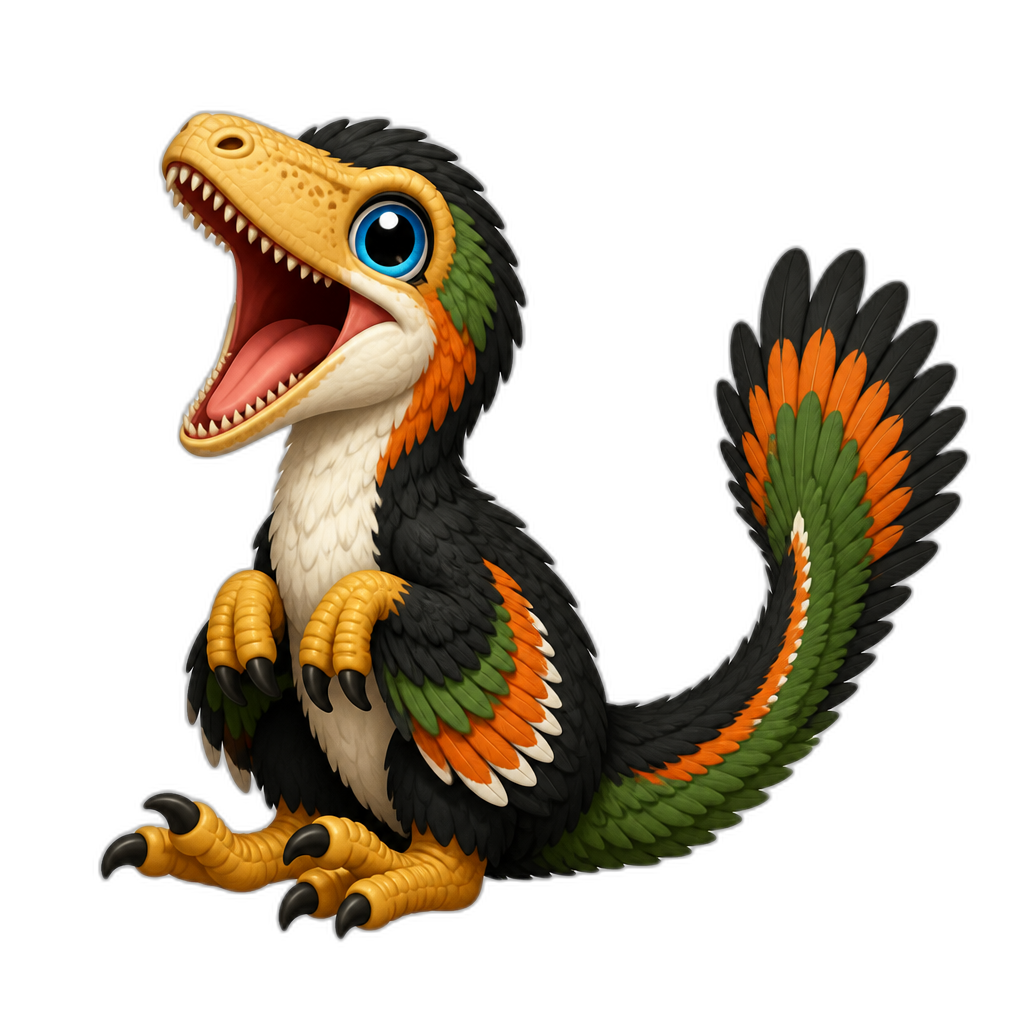 Cute sitting deinonychus raptor dinosaur opening it's jaw wide open in excitement because it's about to be fed. It has a long beige-yellowish head snoot, blue eyes, and black, green and orange feathers and just a little bit of white too, and yellow paws. Its tail like a long fan at it's tip. - AI generated emoji