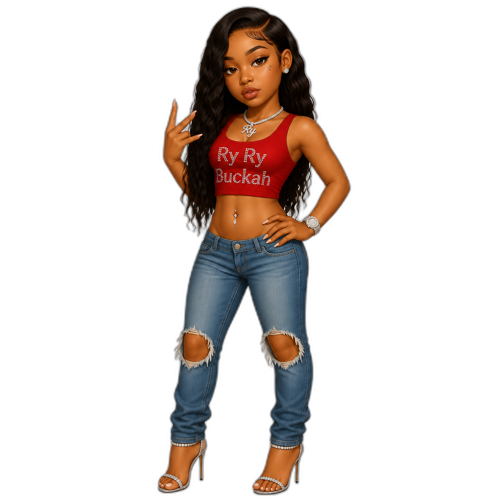 Mariah The Scientist as trap femcee Ry Ry Buckah, red crop top, blue jeans with rips in the knees, diamond studded stilettos, navel ring, realistic - AI generated emoji