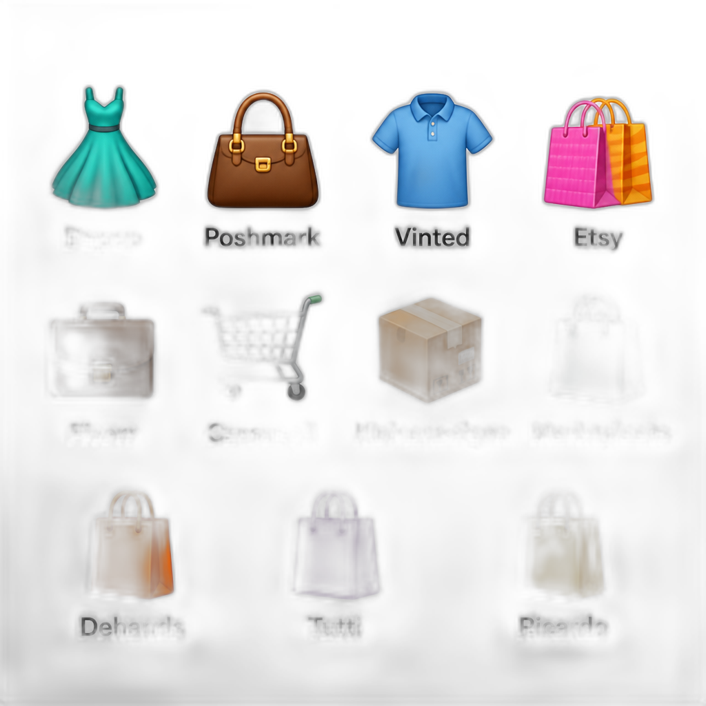 👗 Depop 👜 Poshmark 👕 Vinted 🛍️ Etsy 💼 Fiverr 🛒 Carousell 📦 Kleinanzeigen 🛍️ Marktplaats 🛍️ Dehands 🛍️ Tutti 🛍️ Ricardo  Можешь для каждой платформы использовать свое эмодзи связанное с маркетплейсом + сгенерировать вот с этим эмодзи в белое фулл, я загружу это в Telegram бота, как эмодзи понял, вот пример как выглядит эмодзи рандомное взял из своего бота - AI generated emoji