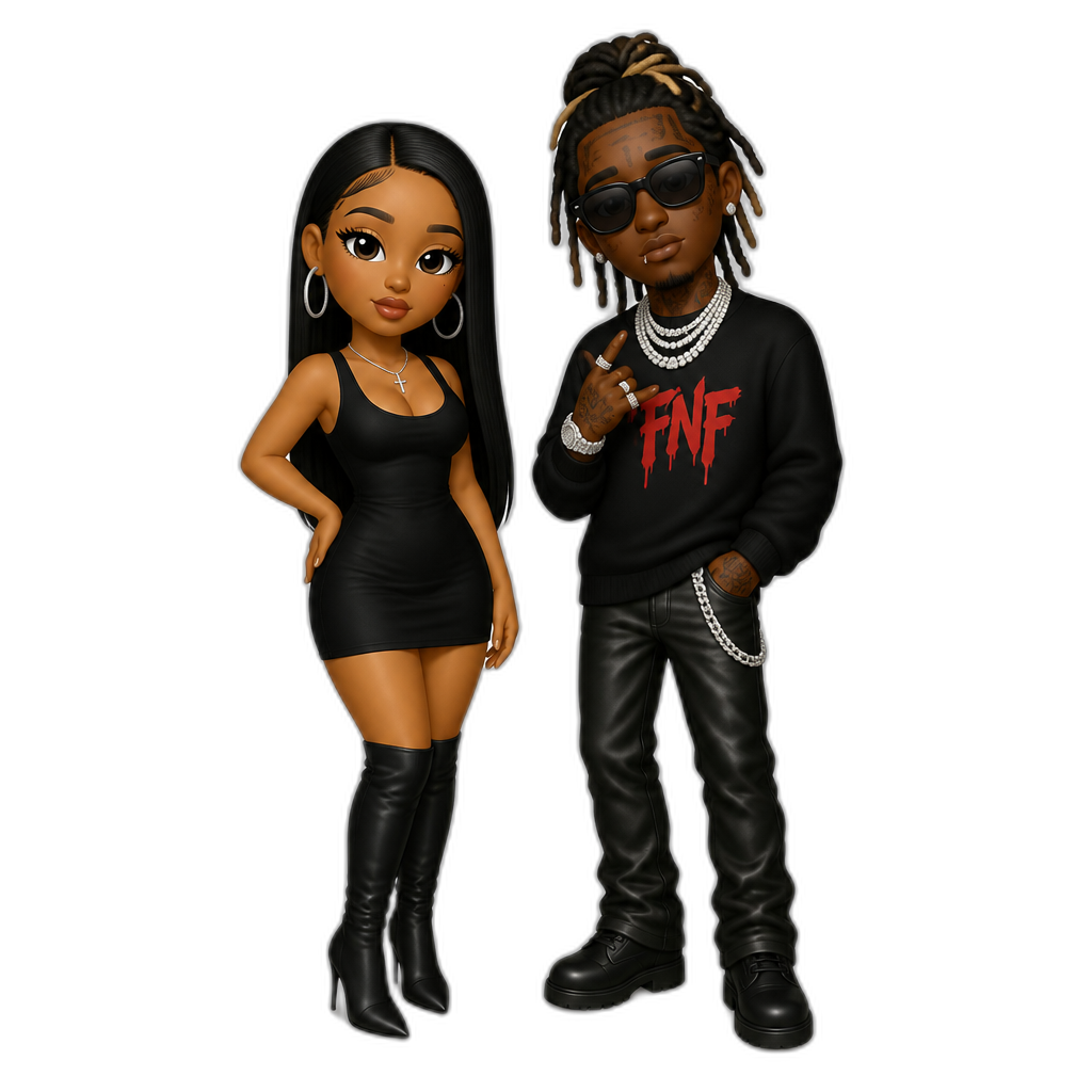 Mariah The Scientist (black sleeveless minidress, stiletto boots, hoop earrings and cross necklace, long straight hair) and Young Thug, FNF style - AI generated emoji