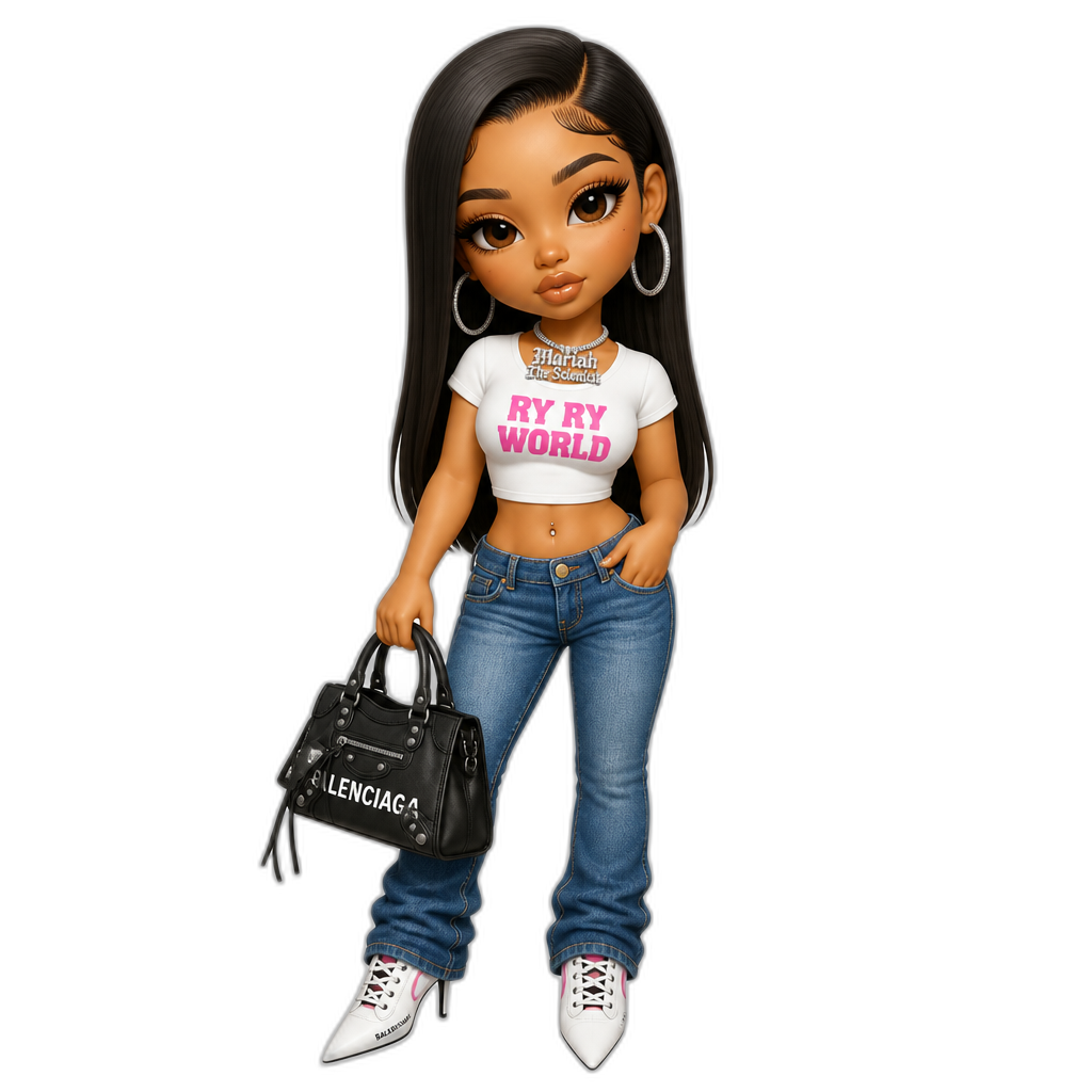 Mariah The Scientist chibi figurine, long straight hair, short sleeved crop top that reads RY RY WORLD in hot pink font, denim blue jeans, stiletto sneakers, hoop earrings, Mariah The Scientist necklace, holding a Balenciaga bag - AI generated emoji