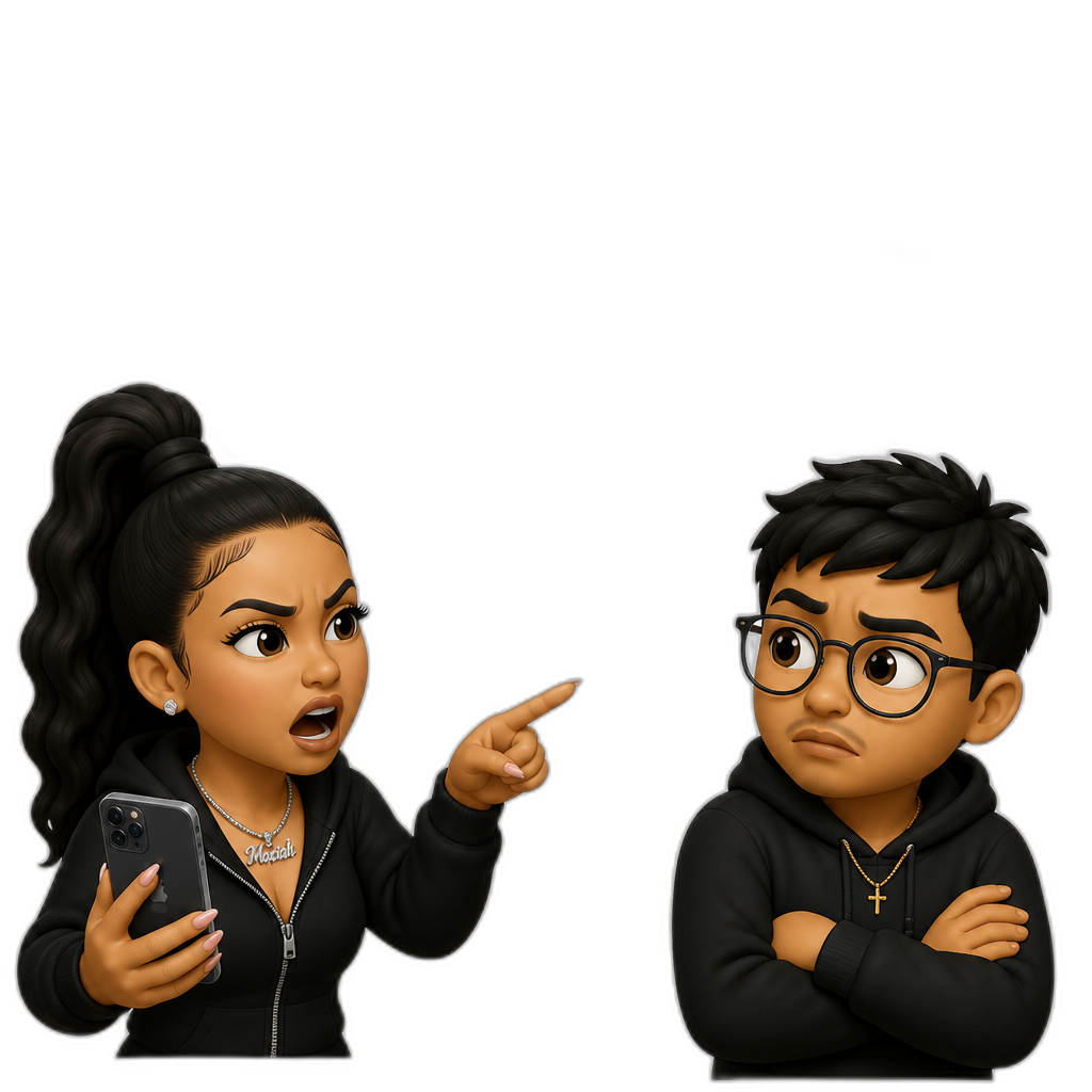 Mariah The Scientist says, "That's not how you talk to people! You don't talk to people like that! Never in your life! Never in your life, you don't talk to me like that!", while holding her smartphone, with her hair up in a ponytail, to a paranoid Filipino guy with glasses that then says, "Stay outta my business. Bruh." - AI generated emoji