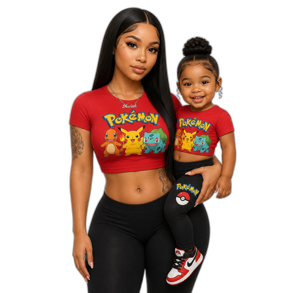 Mariah The Scientist with her little daughter Mariah the 2nd, Mariah with a mom bod, short sleeved red crop top, leggings, Pokemon themed clothes, photorealistic, Mariah with long straight hair - AI generated emoji