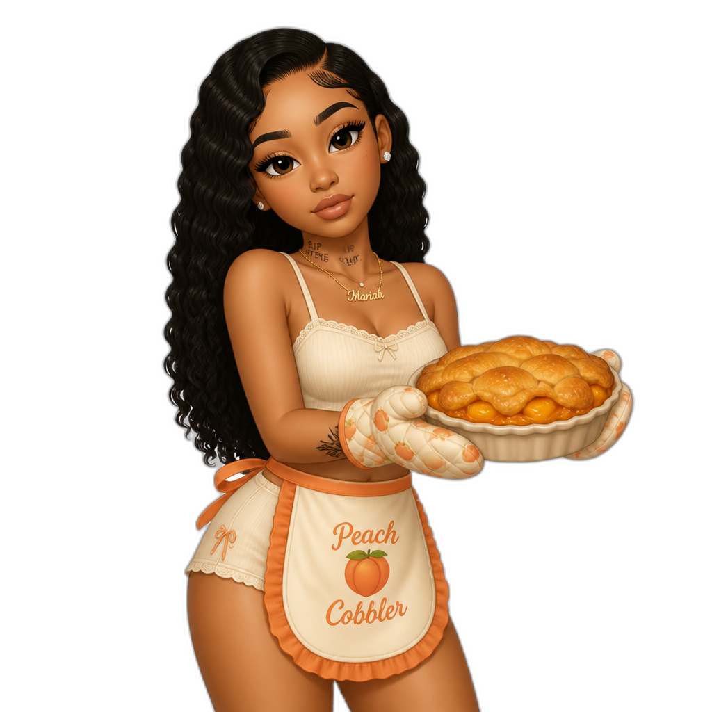 Mariah The Scientist in a camisole crop top, short shorts and a cream orange colored apron, with freshly baked peach cobbler pie - AI generated emoji