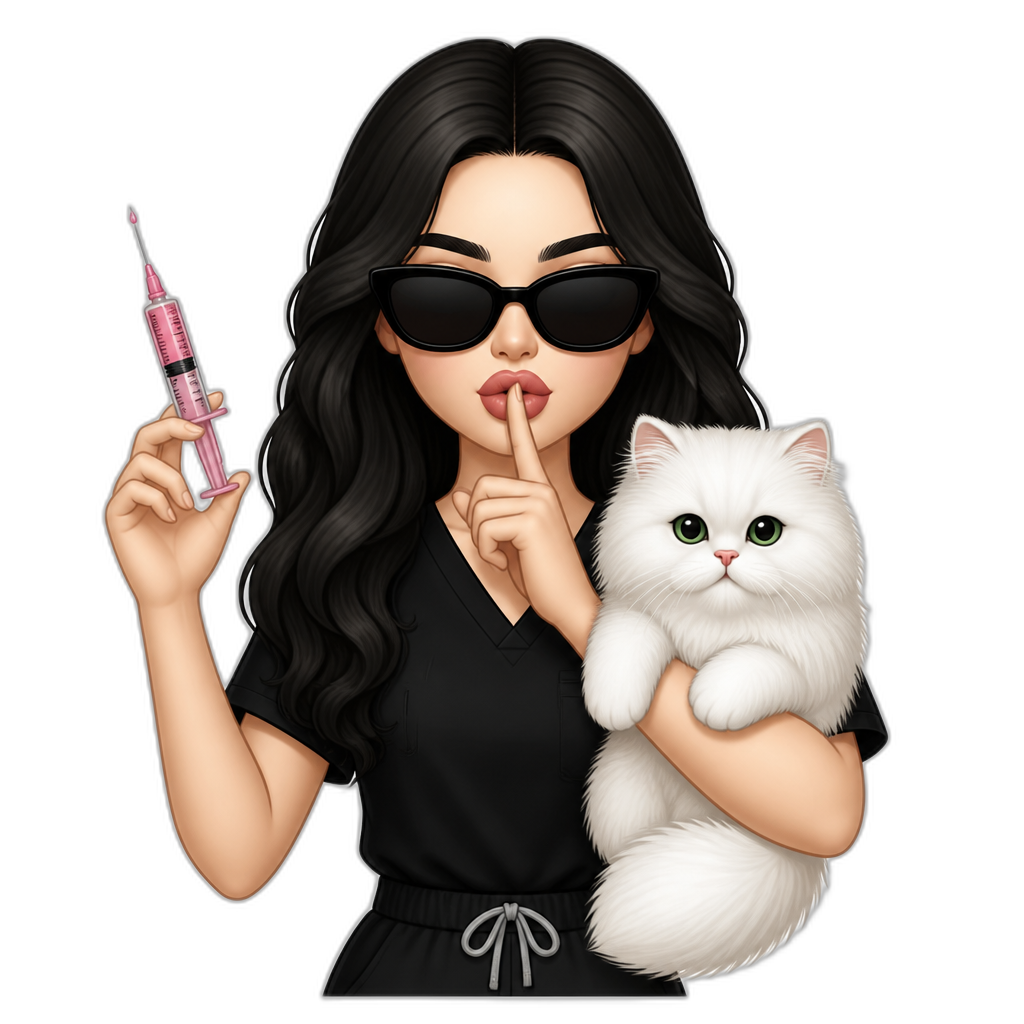 Girl in black scrubs black wavy hair pale skin black sunglasses pouty lips with one hand of a pink injection the other hand of her finger near lips as if she's saying shh and her holding a Persian white cat with green eyes - AI generated emoji