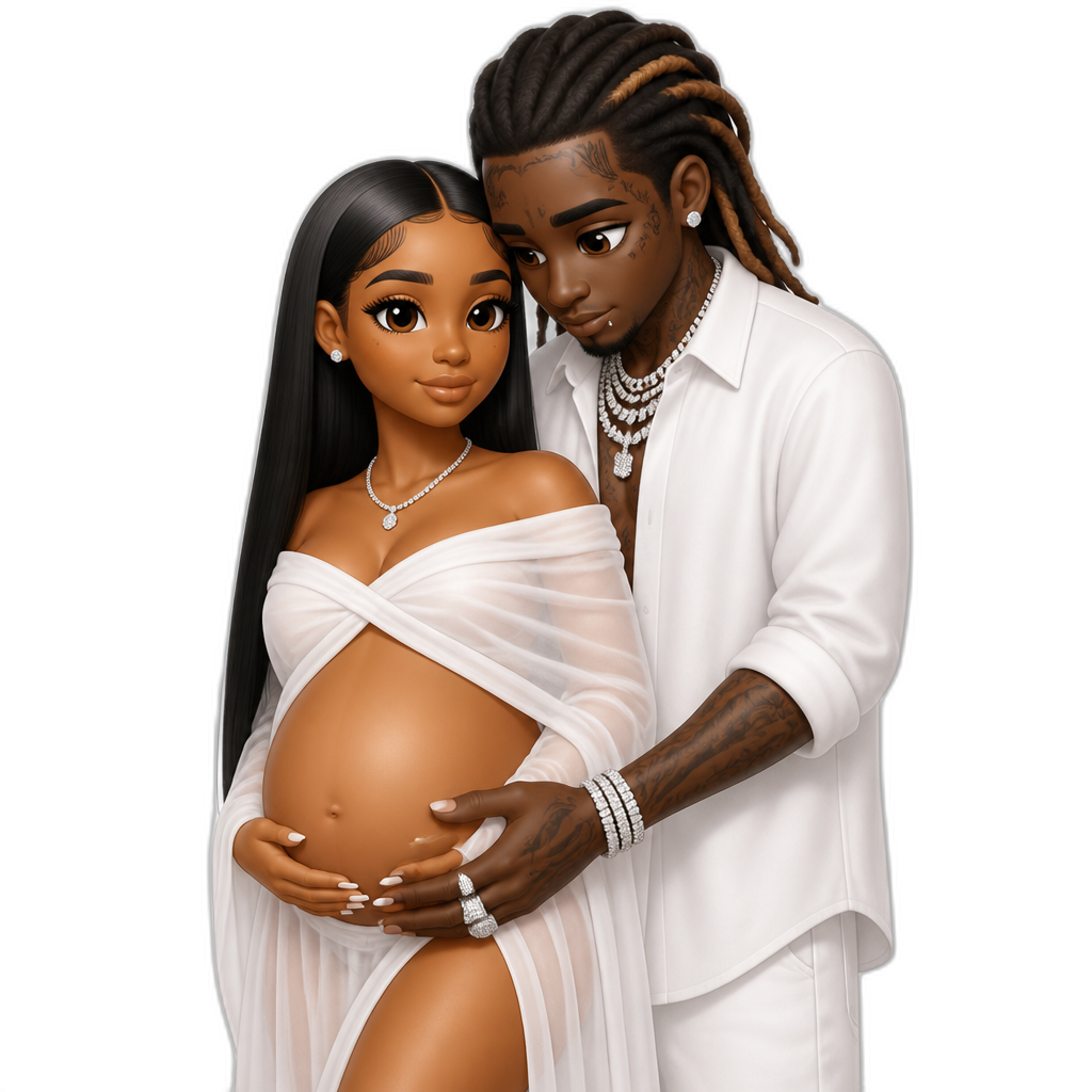 Mariah The Scientist (long straight hair), Young Thug, pregnancy photoshoot, photorealistic - AI generated emoji