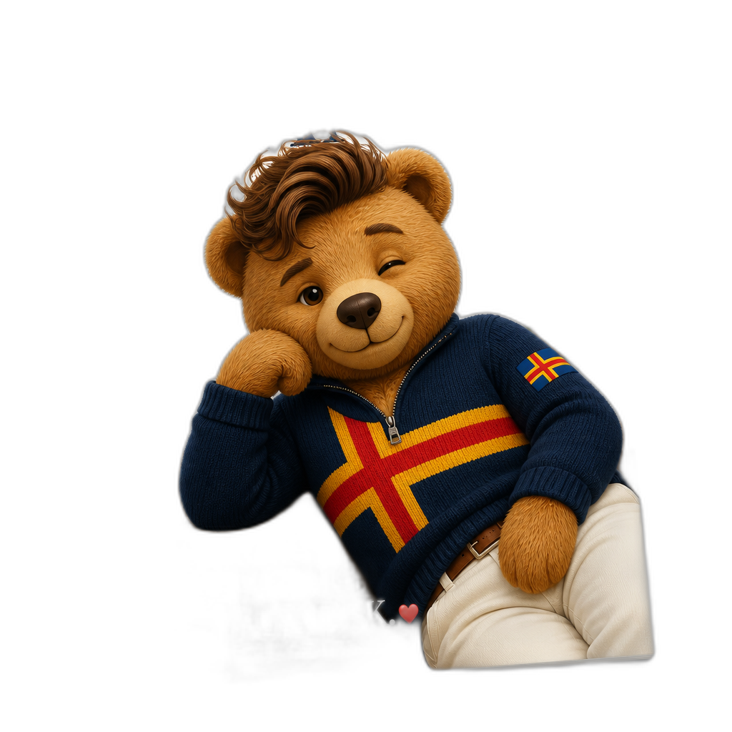 Create a Teddy bear who is a flirty Aland Islander on the magazine. any fur color and hairstyle - AI generated emoji
