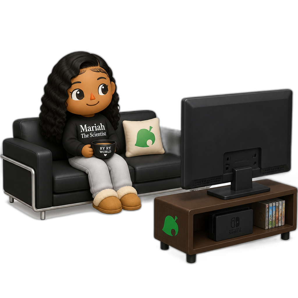 Mariah The Scientist, Animal Crossing, sitting on a Sleek Couch, watching TV on a Widescreen TV, as a Human Villager - AI generated emoji