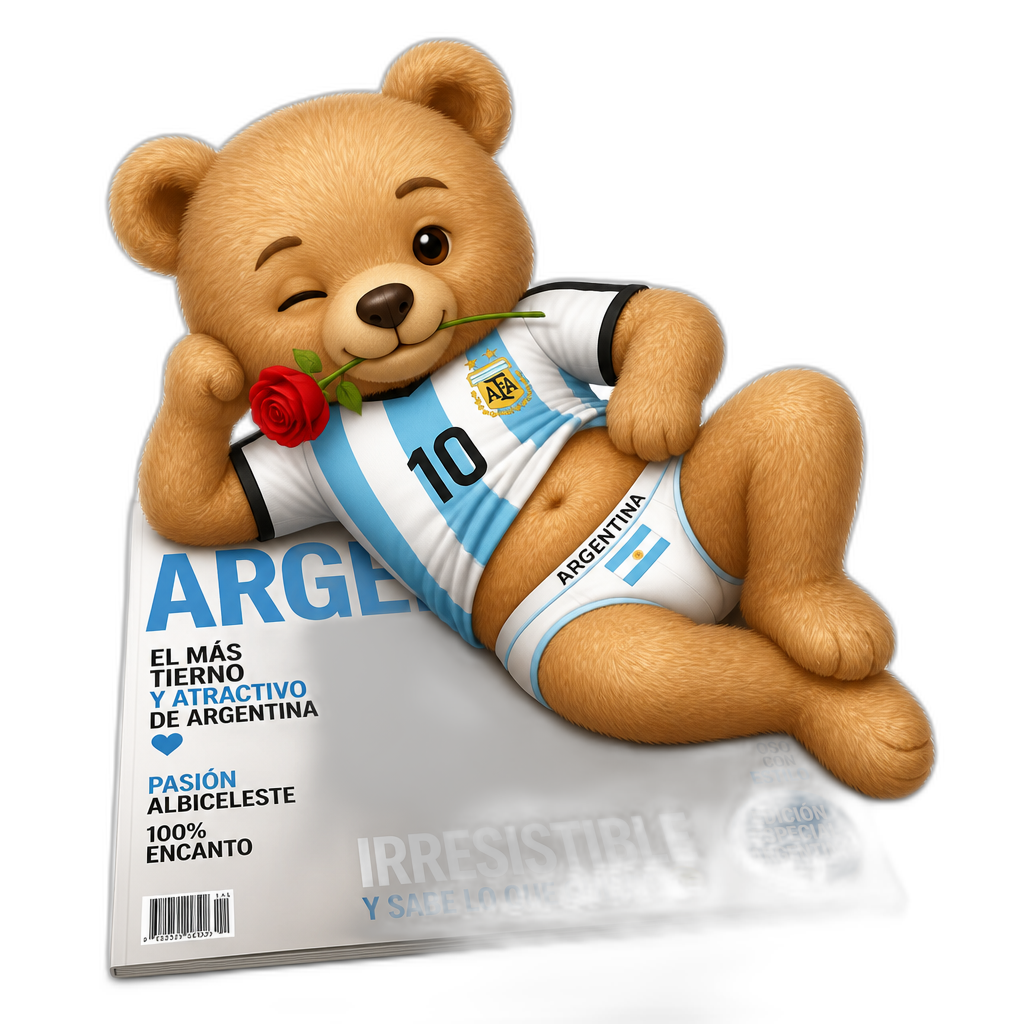 Create a Teddy bear who is a flirty argentina on the magazine. different fur color - AI generated emoji