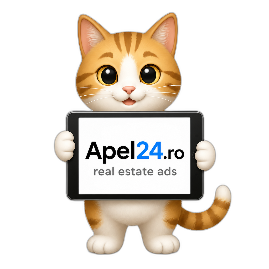A cat holding in its paws a tablet that says Apel24.ro real estate ads - AI generated emoji