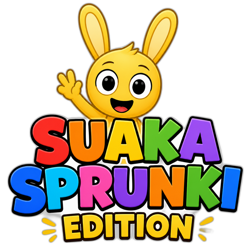 s and long ears stands prominently. The game title "SUAKA SPRUNKI EDITION" is displayed in large, playful, multicolored block letters across the center of the image, with "EDITION" in a smaller, yellowish font below "SPRUNKI". The overall style is reminiscent of a children's game or animation, with bold outlines, flat colors, and exaggerated expressions. - AI generated emoji