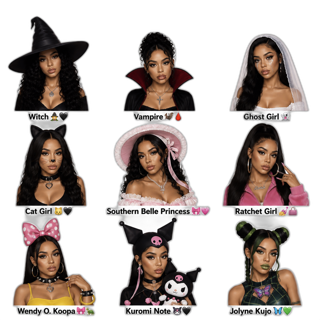 Mariah The Scientist in different Halloween costumes (witch, vampire, ghost girl, cat girl, southern belle princess, ratchet girl, Wendy O. Koopa, Kuromi Note, and Jolyne Kujo), photorealistic - AI generated emoji