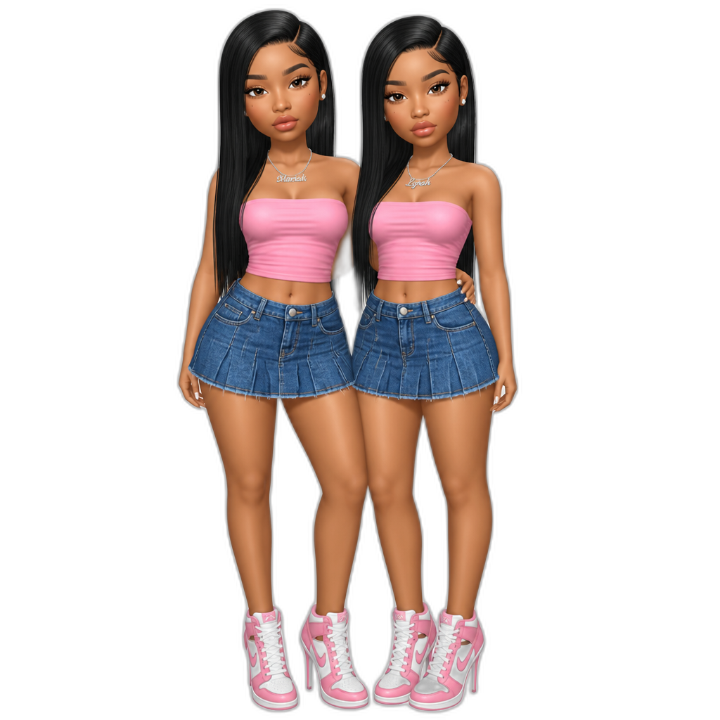 Mariah The Scientist and her identical twin sister Lyrah, Mariah and Lyrah Buckles, photorealistic, long straight hair, pink strapless crop top, blue denim skirt, stiletto sneakers, both on the twins - AI generated emoji