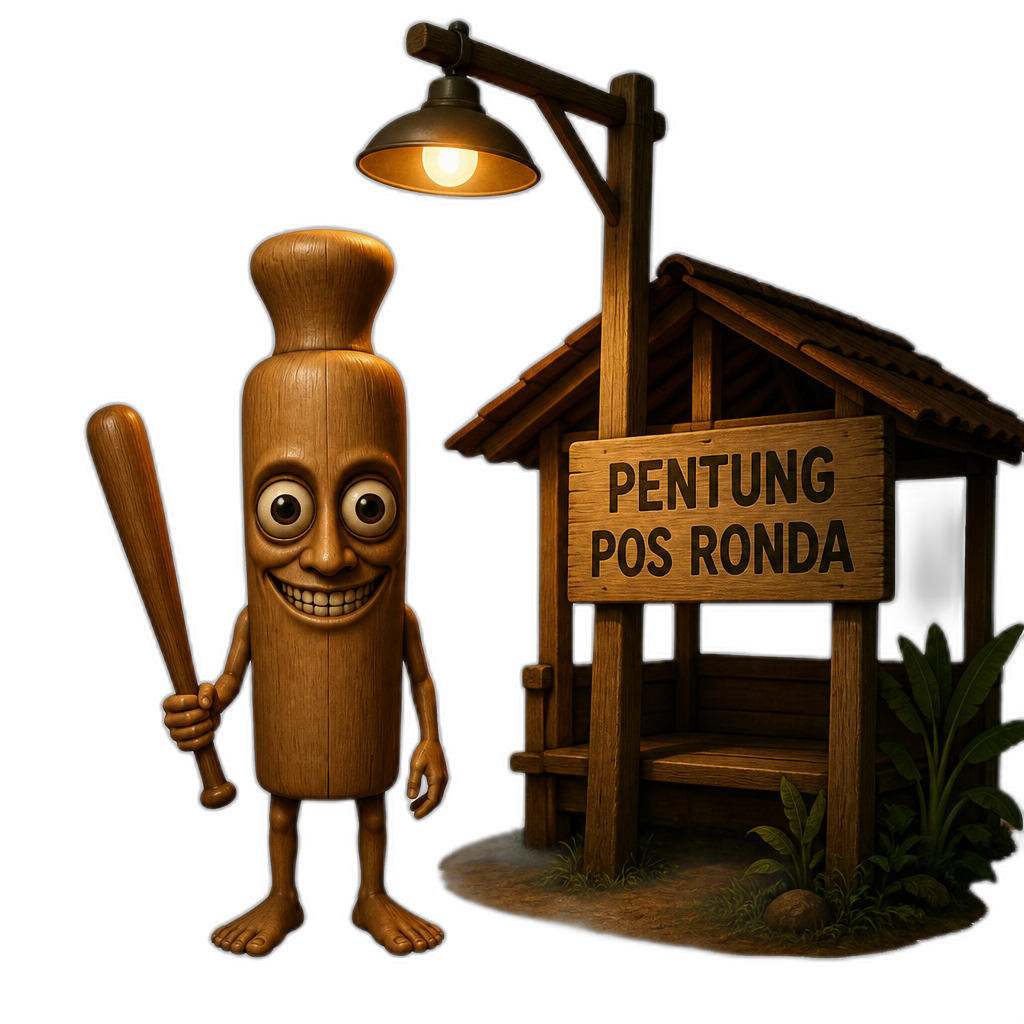 a creepy wooden pestle-shaped chareacter cylindrical body with tiny limbs big bulging eyes and uncanny smile barefoot holding a wooden bat standing at a rual southeast asian night shelter sign saying pentung pos ronda warm orange streetlight - AI generated emoji