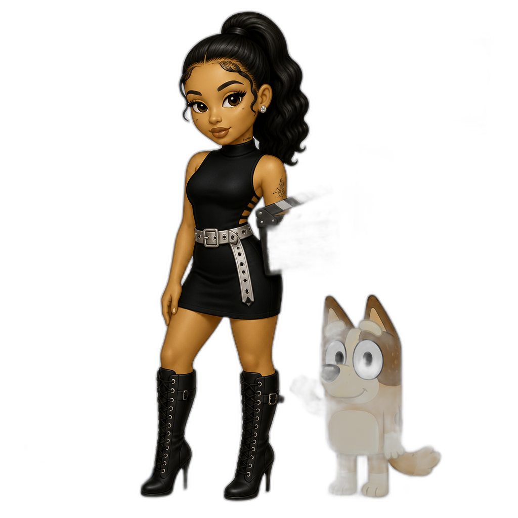 Mariah The Scientist, black sleeveless ninja dress, black stiletto combat boots, silver belt around dress, hair up in ponytail, 'Burning Blue' music video shoot, 'Hearts Sold Seperately' album, in a blue hardware building, Bluey cartoon style, light brown fur - AI generated emoji