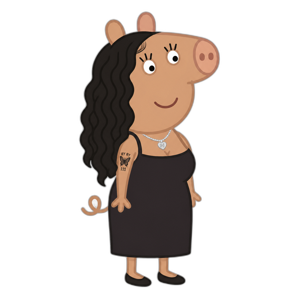 Mariah The Scientist in Peppa Pig cartoon style, light brown skin, anthro pig, grownup - AI generated emoji