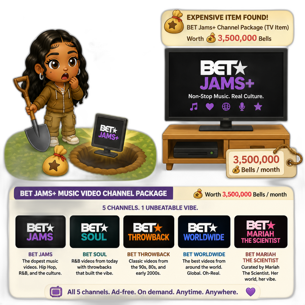 Mariah The Scientist as a Human Villager, Animal Crossing, finding an expensive item worth millions of Bells, saying "That's expensive, bruh!", BET Jams+ channel package TV item (worth millions of Bells per month), music video channel package with 5 channels (BET Jams, BET Soul, BET Throwback, BET WorldWide and BET Mariah The Scientist), BET Soul is primarily R&B videos from today with throwbacks - AI generated emoji