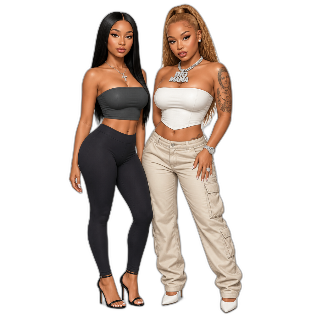 Mariah The Scientist and Latto, photoreasistic, Mariah with long straight hair, strapless crop top, leggings, stilettos, Mariah in a cross necklace, Latto in a Big Mama necklace - AI generated emoji