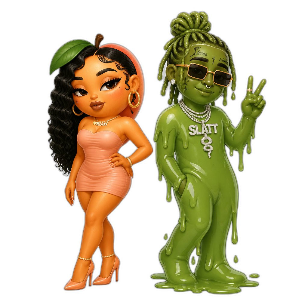 Mariah The Scientist as an anthro peach, strapless minidress, stilettos, hoop earrings, Young Thug as a green anthro slime - AI generated emoji