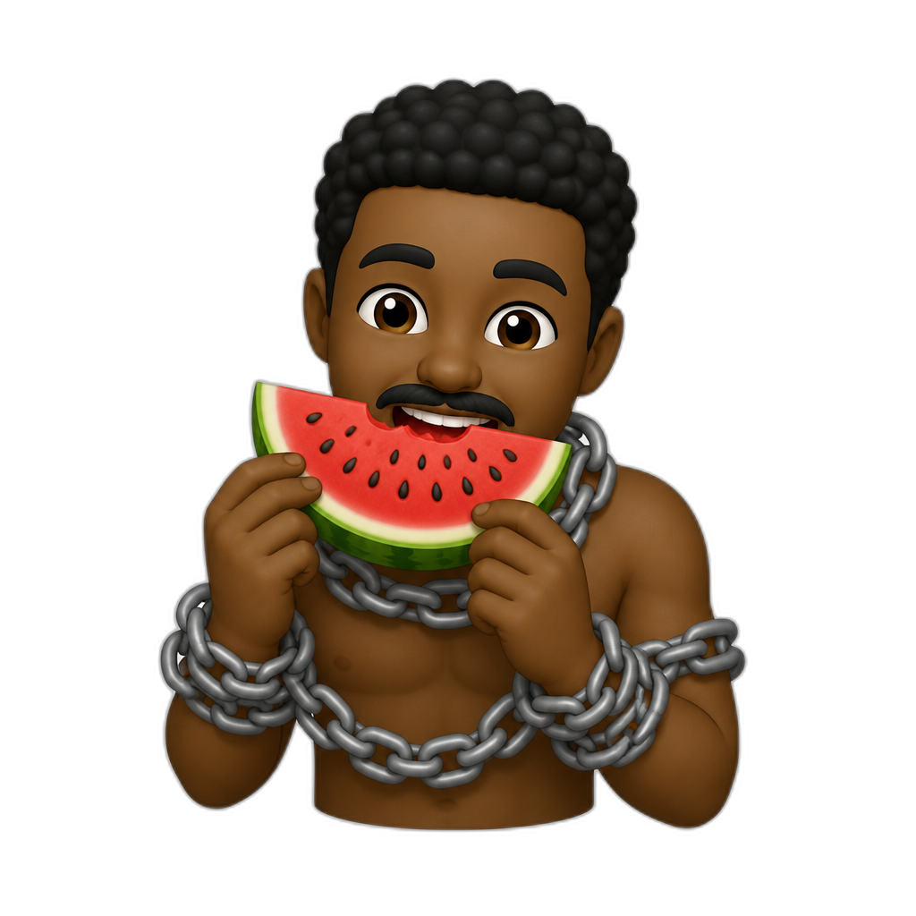 man with chain around arms and neck eating a watermelon african - AI generated emoji