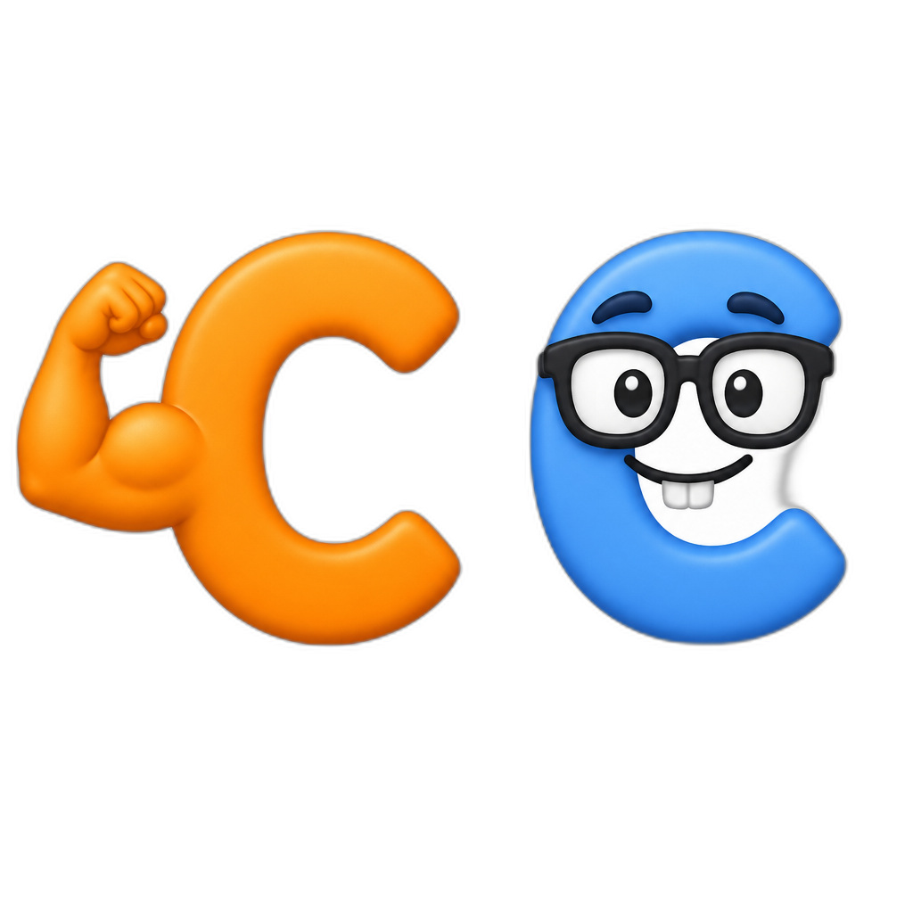 Create 2 "C" letters. First is orange and has muscle. Second is blue and looks like a nerd - AI generated emoji