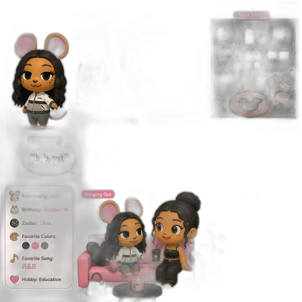 Mariah The Scientist as an Uchi Mouse Villager, her house, exterior and interior, gameplay footage, catchphrase as 'lab rat', human female villager hanging out with Mariah - AI generated emoji