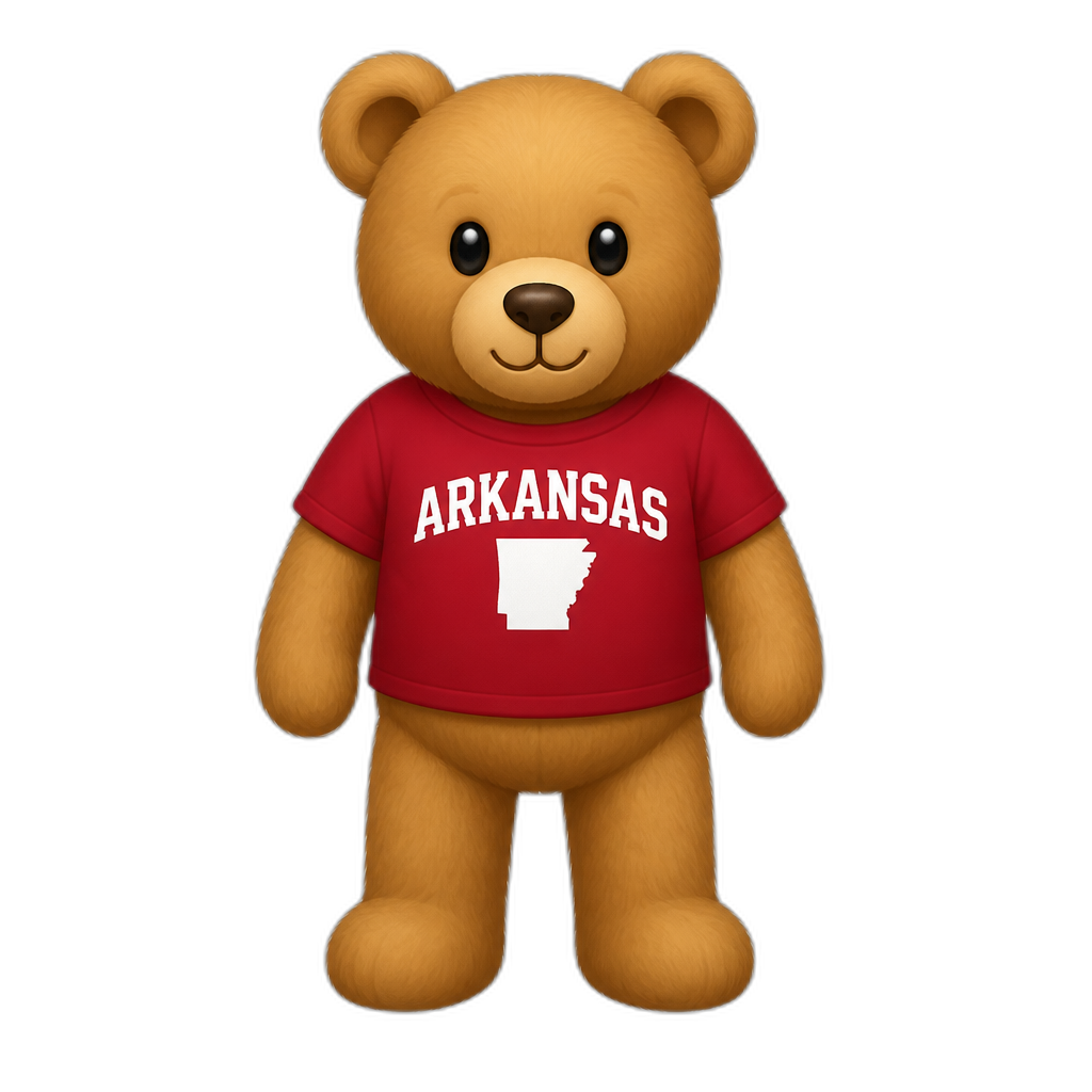 Create a standing Teddy bear who is a Arkansas. FULL body - AI generated emoji