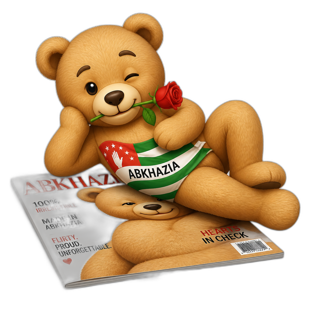 Create a Teddy bear who is a flirty Abkhazia on the magazine. any fur color - AI generated emoji
