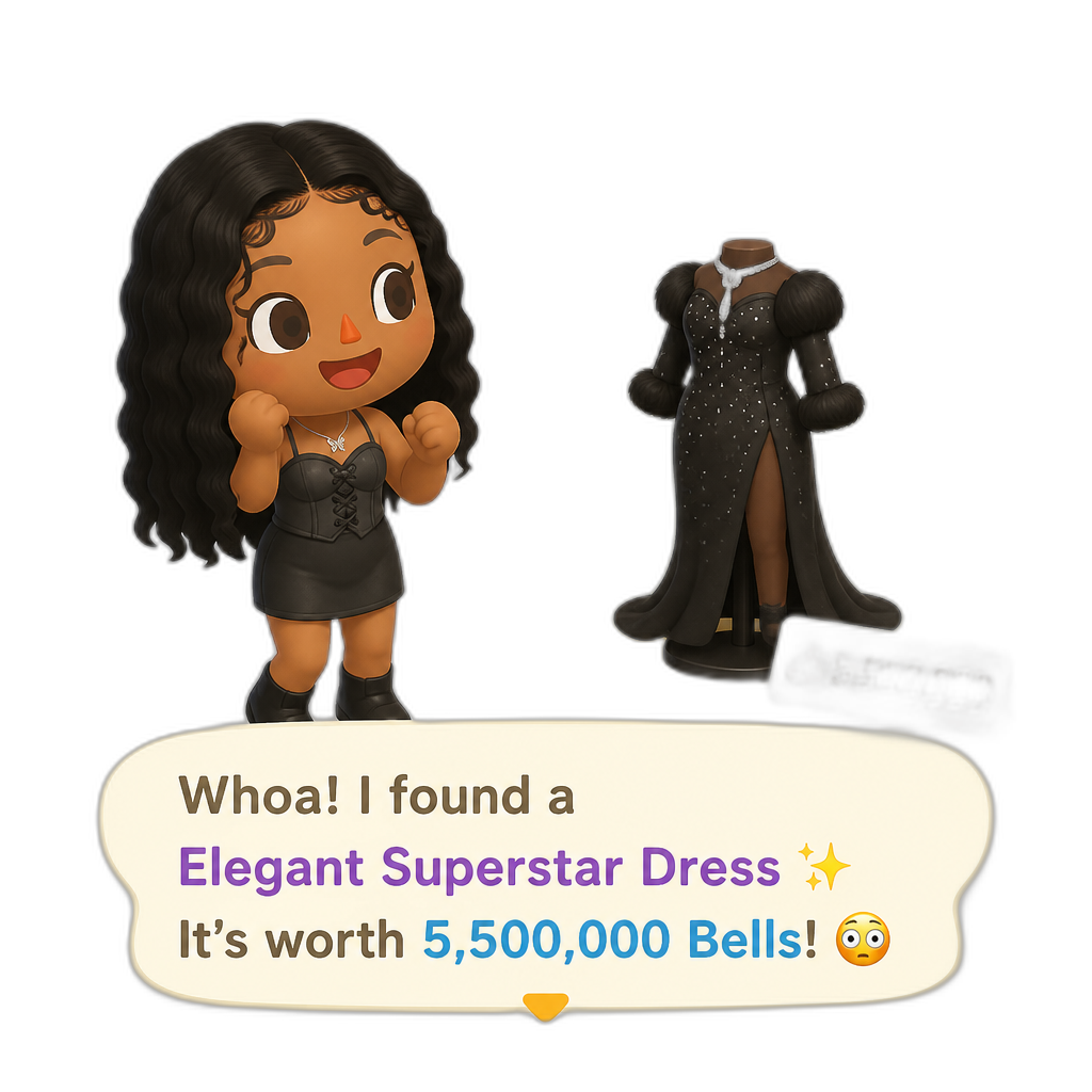 Mariah The Scientist as a Human Villager, Animal Crossing, finding an expensive outfit worth millions of Bells - AI generated emoji