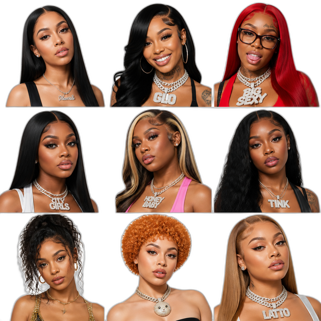 Mariah The Scientist, GloRilla, Sassyy Red, Yung Miami, Honey Bxby, Tink, Tyla, Ice Spice and Latto, photorealistic, Mariah with long straight hair - AI generated emoji
