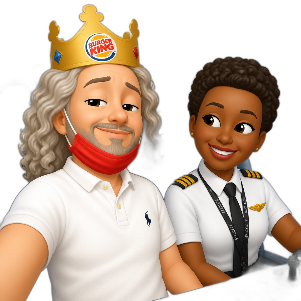 a middle aged white  man with long curly gray hair with a red mask on his chin smiling smugly with a burger king crown on his head a white polo shirt sitting on a plane with an african american female  pilot next to him - AI generated emoji