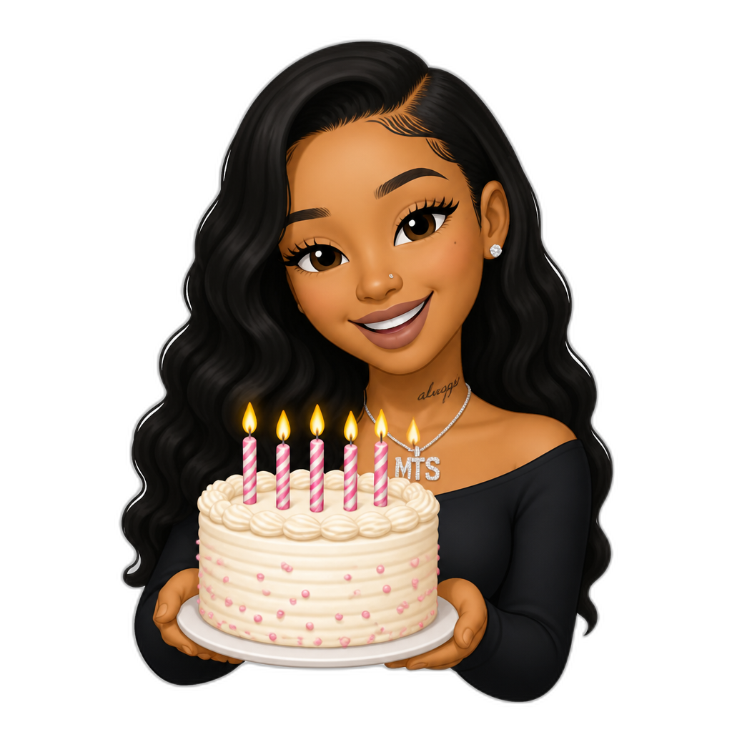 Mariah The Scientist with a birthday cake, smiling - AI generated emoji