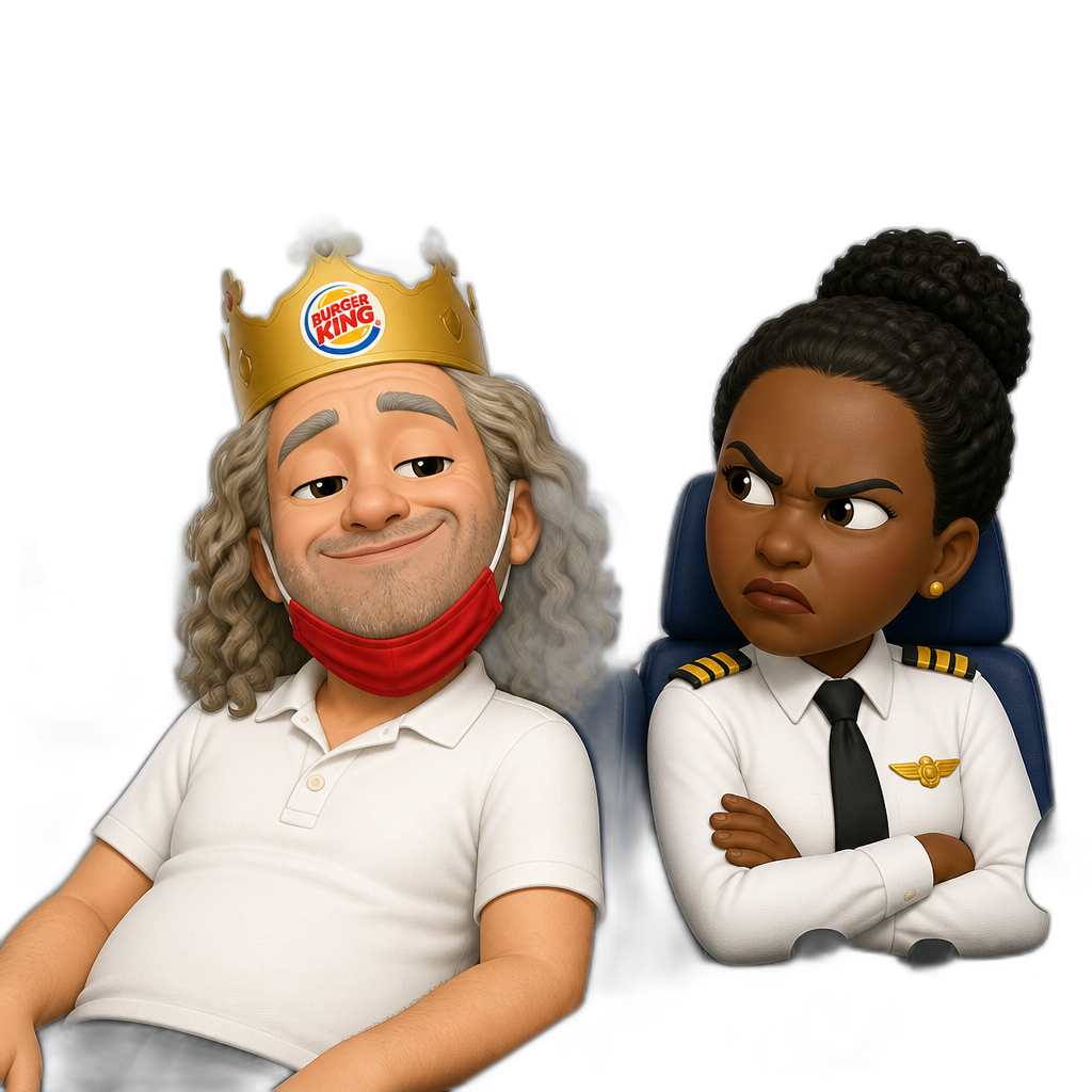a middle aged white man with long curly gray hair with a red mask on his chin smiling smugly with a burger king crown on his head a white polo shirt sitting on a plane with an angry african american female pilot next to him above them is the letters "K" "T" "N" "B" "O" "T" "P" - AI generated emoji