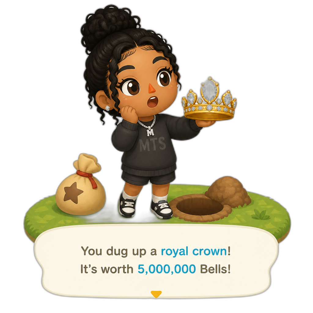 Mariah The Scientist as a Human Villager, Animal Crossing, finding an expensive item worth millions of Bells - AI generated emoji