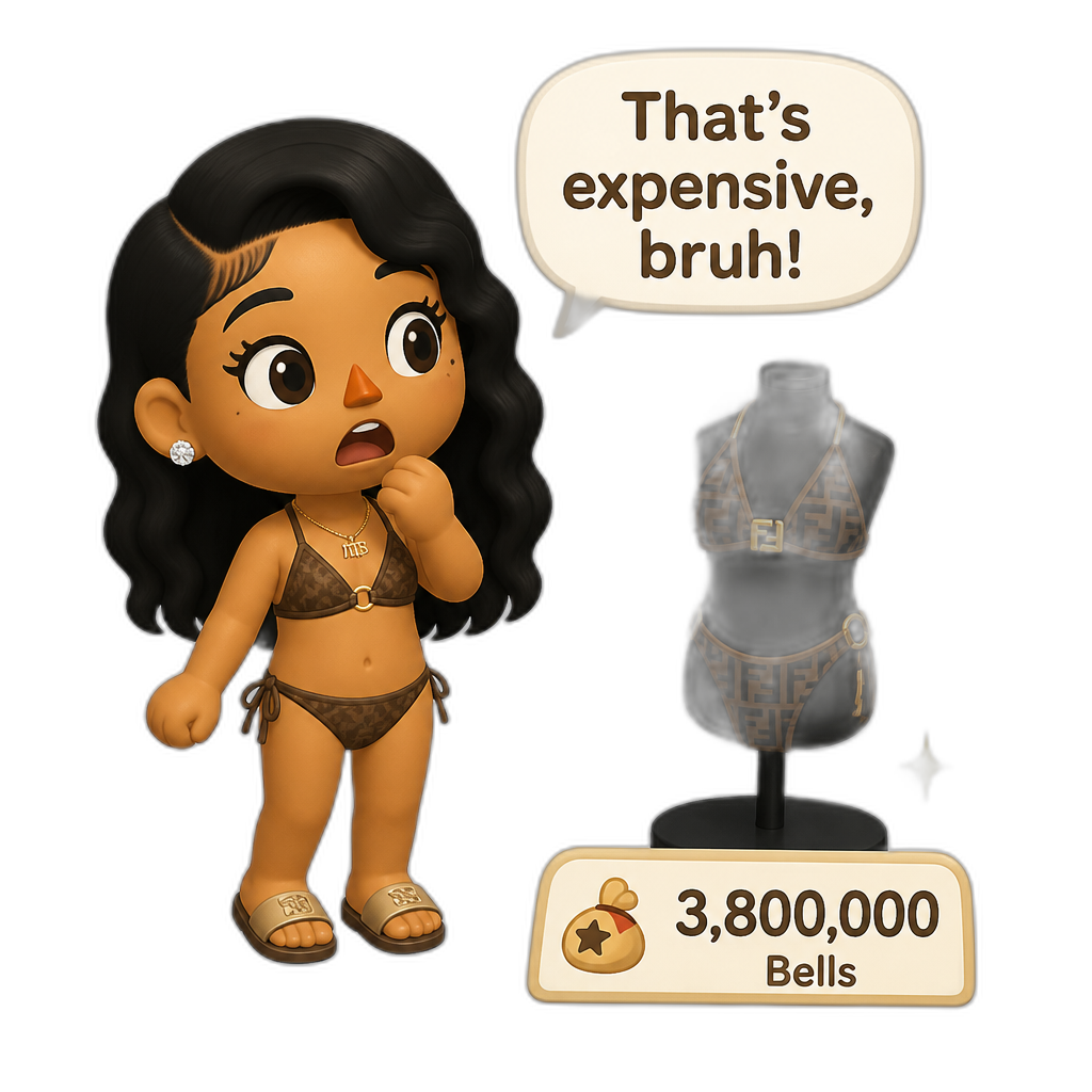 Mariah The Scientist as a Human Villager, Animal Crossing, finding an expensive item worth millions of Bells, saying "That's expensive, bruh!", swimsuit item - AI generated emoji