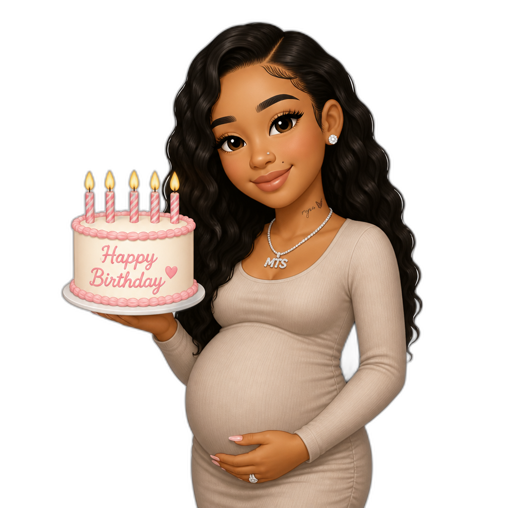 Mariah The Scientist with a birthday cake, smiling, pregnant - AI generated emoji