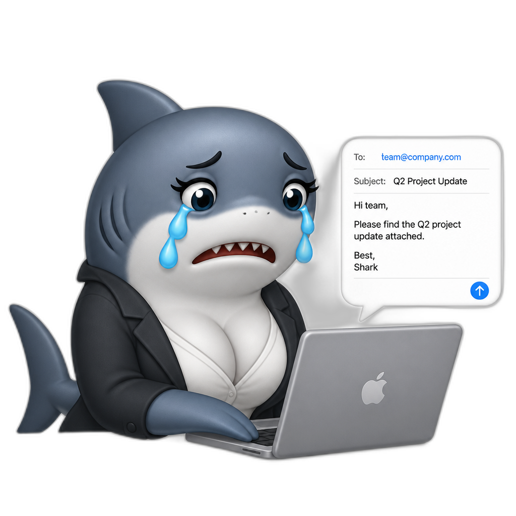 Busty shark, crying, while sending a work email - AI generated emoji