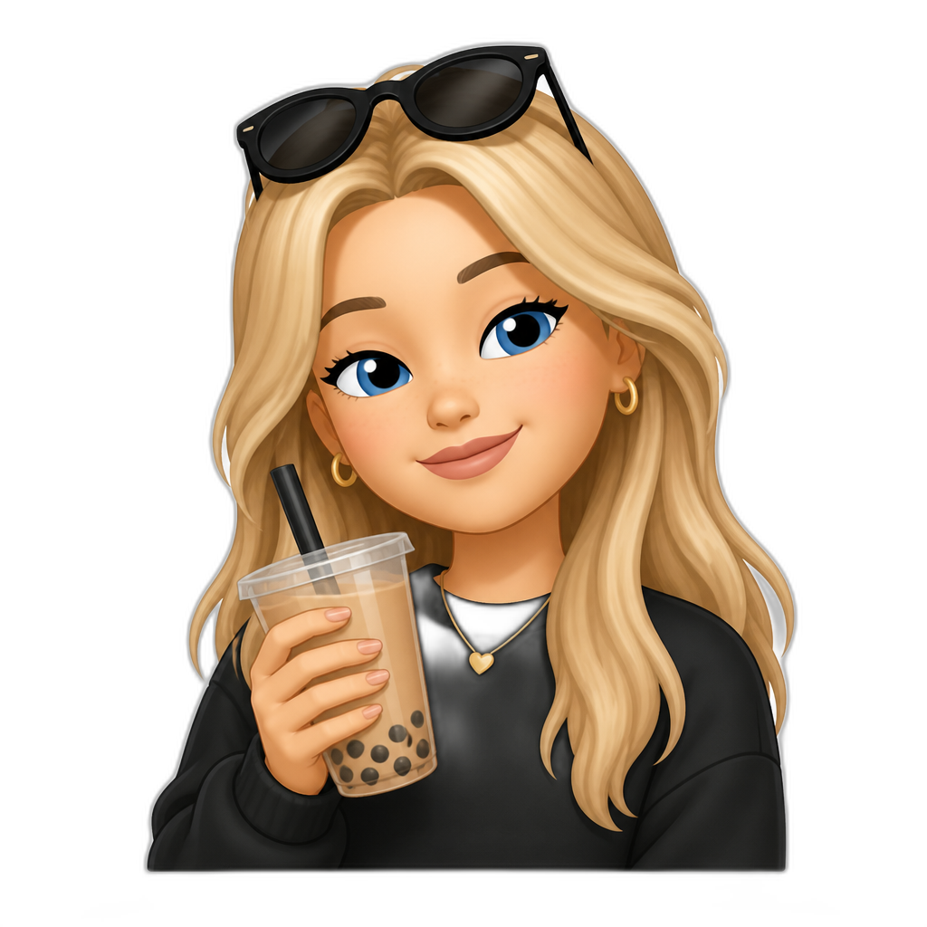 Cool blonde with blue eyes and soft skin girl with a boba tea - AI generated emoji