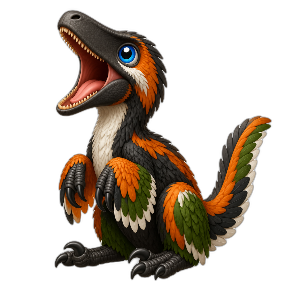 Cute sitting deinonychus raptor dinosaur opening it's jaw wide open in excitement because it's about to be fed. It has a loog snoot, blue eyes, and orange, green and black feathers and just a little bit of white too. - AI generated emoji