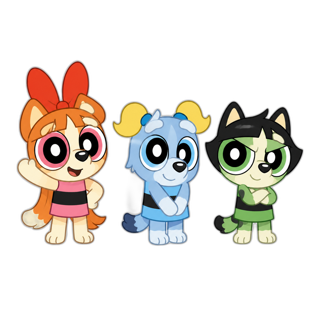 The Powerpuff Girls in Bluey cartoon style, anthro puppies - AI generated emoji