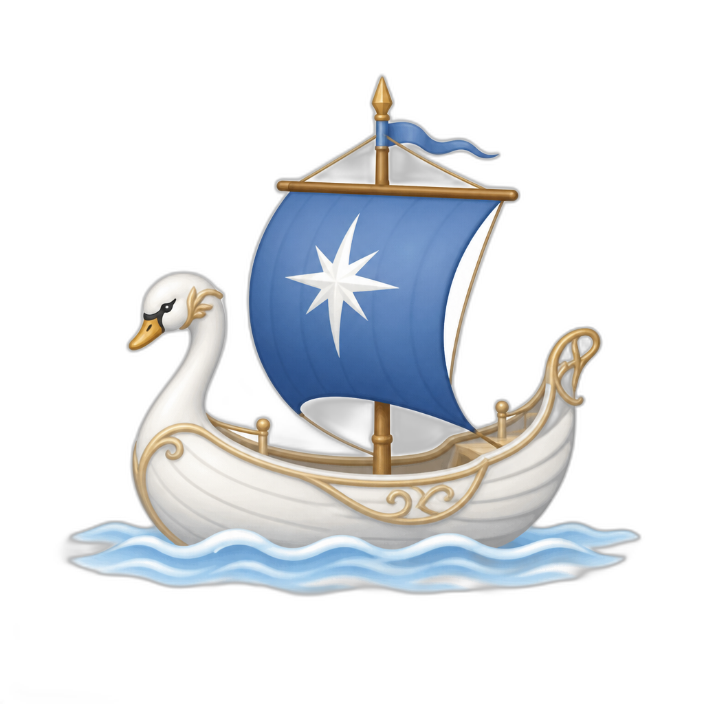 Elven ship sailing westwards. Swan-shaped hull, blue sail with a white star, light blue sea and waves; minimal. - AI generated emoji