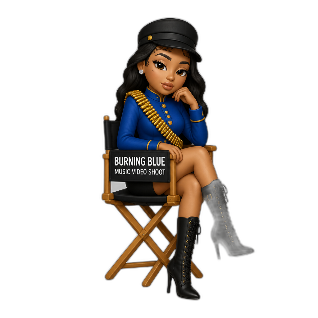 Mariah The Scientist, blue long sleeved concierge jacket, gold bullet shoulder strap, black shorts, black army cap, black stiletto boots, 'Burning Blue' music video shoot, 'Hearts Sold Seperately' album, April 2025 - AI generated emoji